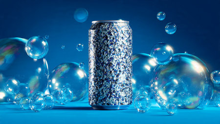 Aluminum soda can with bubbles on blue background. 3d illustrationの写真素材