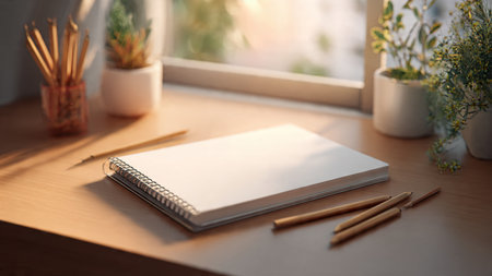 Blank notebook with pencils on wooden table in office, closeup