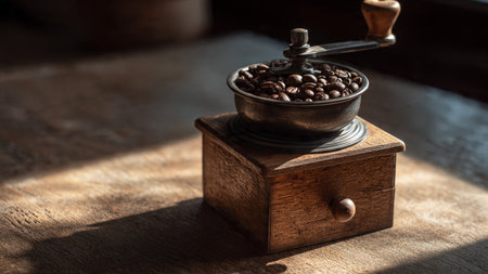 Coffee grinder with coffee beans on a wooden table.の写真素材
