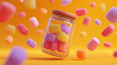 Colorful candies in a glass jar on a yellow background.の写真素材