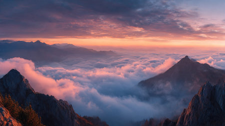 Sunrise over the clouds in the Dolomites, Italy.の写真素材