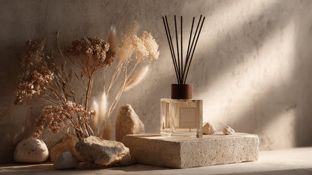 Aromatherapy reed diffuser and stone on concrete background