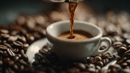 Coffee pouring into a cup on coffee beans, close-upの写真素材