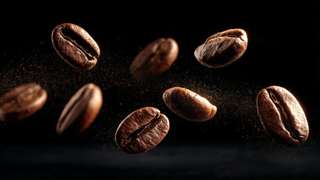 Flying coffee beans on a black background. Roasted coffee beans flying in the air.の写真素材