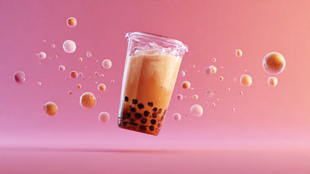 Iced Thai Milk Tea with Bubbles in Plastic Cup on Pink Background