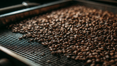 Roasted coffee beans on a griddle. Selective focus.の写真素材