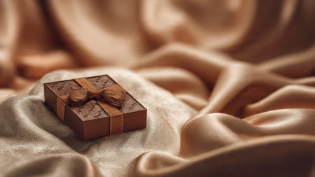 Gift box on golden satin background, close-up.の写真素材
