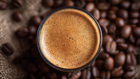 Coffee cup and coffee beans on burlap background, top view