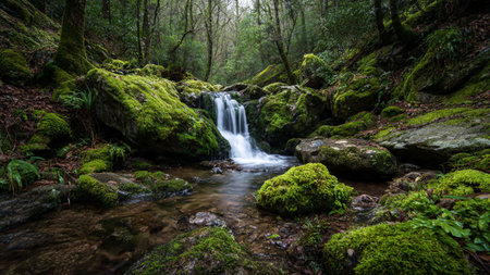 Waterfall in the forest with mossy rocks and green vegetation.