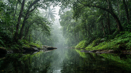 Foggy morning in the tropical rainforest with a small riverの写真素材
