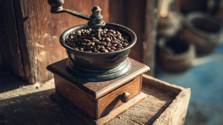 Coffee grinder with coffee beans in a rustic settingの写真素材