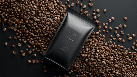 Coffee beans on a black background with a package of coffeeの写真素材