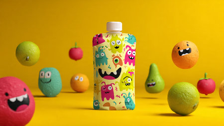 Fruit juice bottle with funny faces on yellow background. Funny food conceptの写真素材
