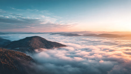 Panoramic view of the mountain valley covered with fog at sunset