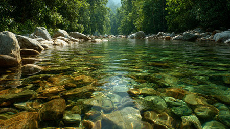 Beautiful river in the tropical forest with clear water and rocks.