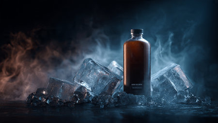 Bottle with ice cubes on dark toned foggy background