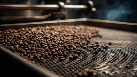 Roasted coffee beans on a conveyor belt. Selective focus. Toned.