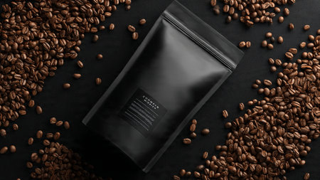 Coffee beans and a package of coffee on a black background