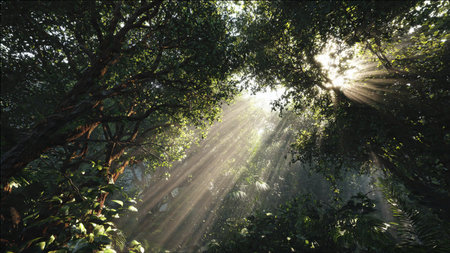Sunlight through the trees in the rainforest of Borneo.