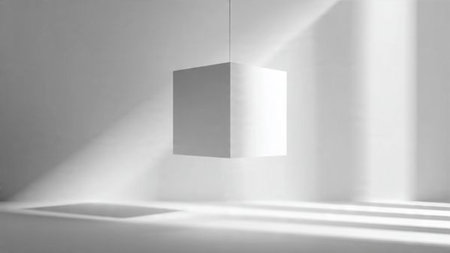 3d render of a white cube in a room with shadows on the wall