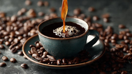 Cup of coffee with beans on dark textured background, closeupの写真素材