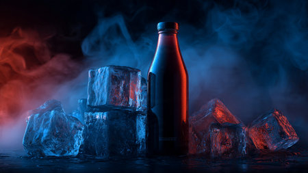 Bottle of beer with ice cubes on dark toned foggy backgroundの写真素材