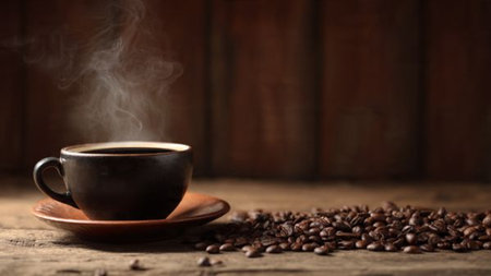Coffee cup and coffee beans on old wooden table background.の写真素材