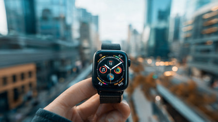 Apple Watch Series 4 in hand with blurred backgroundの写真素材