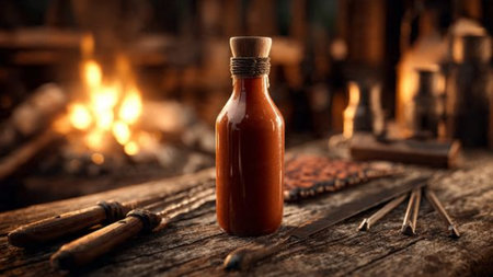 Essential oil in a glass bottle on a wooden background. Selective focus.の写真素材