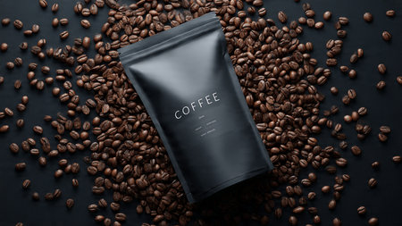 Coffee product package design mockup on coffee beans background.の写真素材