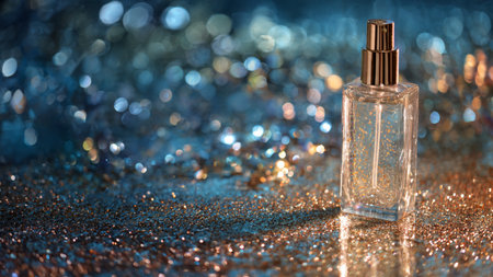 Perfume bottle on glitter background with bokeh effect.