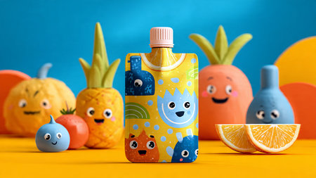 Plastic bottle of water with funny faces and fruits on color backgroundの写真素材