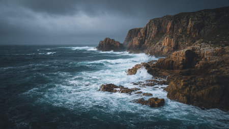 Stormy seascape with waves crashing on the rocks and cliffsの写真素材