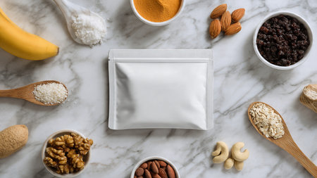 Flat lay composition with protein powder, nuts and fruitsle background