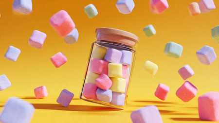 Colorful marshmallows flying out of a jar on a yellow backgroundの写真素材