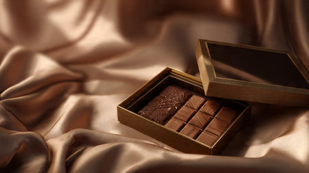 Box of chocolate on satin background, closeup. Luxury present