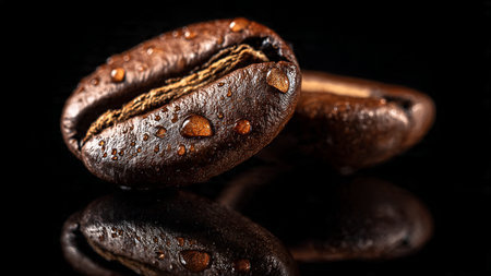 Coffee beans on a black background with water droplets.の写真素材