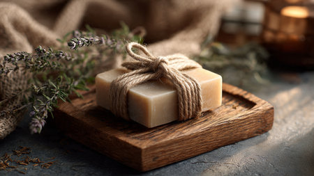 Natural handmade soap with lavender on a wooden board, selective focusの写真素材
