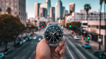 Man hand holding a wrist watch on the background of the city.の写真素材