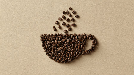 Coffee cup made of coffee beans on beige background.