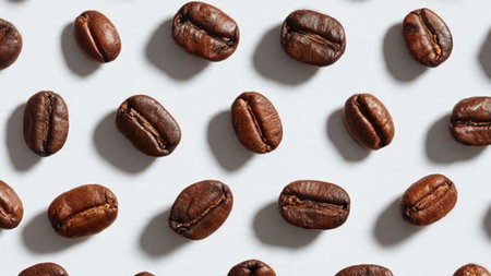 Coffee beans pattern on white background. Flat lay, top view.