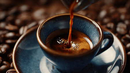 Pouring coffee into blue cup, closeup. Coffee beans backgroundの写真素材