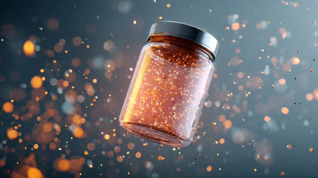 Glass jar with golden sparkles on dark background. 3d rendering