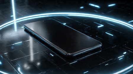 smartphone with blue neon light on the black background 3d rendering