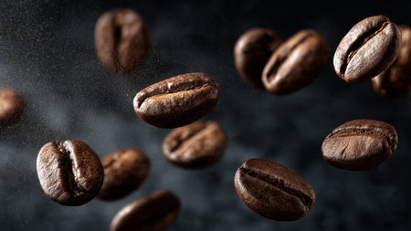 Coffee beans flying in the air on a dark background.