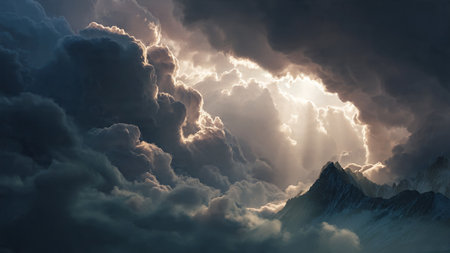 Panoramic view of snow mountain peak in clouds with sunbeamsの写真素材