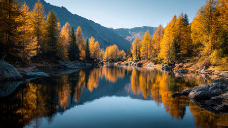 Mountain lake in the autumn. Larch trees reflected in the water.