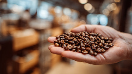 Coffee beans in hand on the background of a coffee shop