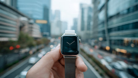 Smart watch in hand on blurred city background. Technology and communication concept.の写真素材