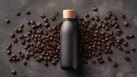 Coffee beans and a bottle on a dark backgroundの写真素材